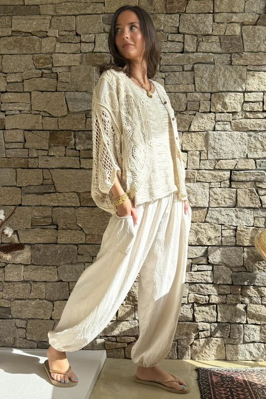 Benito Crochet Cotton Alba Cardigan Stone